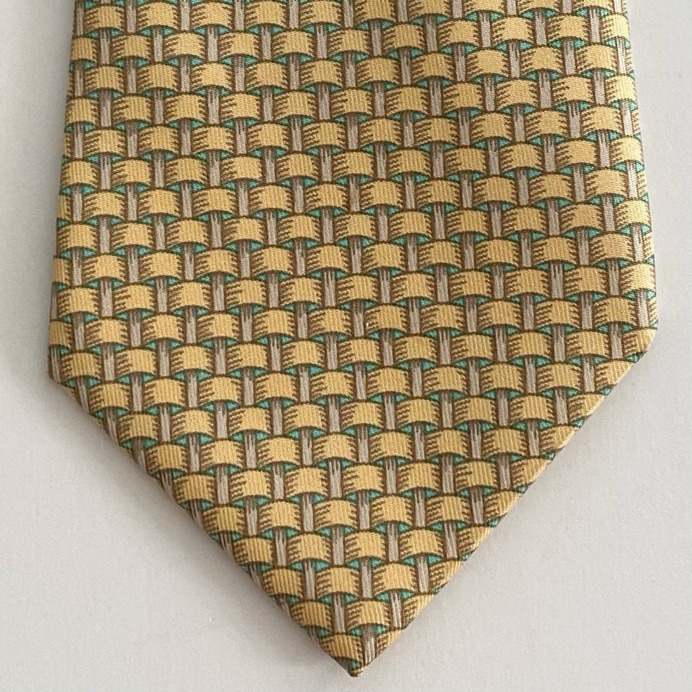 HERMÈS Paris 7269 MA Cream Teal Woven Pattern Print 100% Silk Tie Necktie